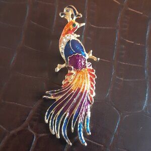 1980s Enamel With Rhinestones on Gold Tone Bird of Paradise Brooch Vintage